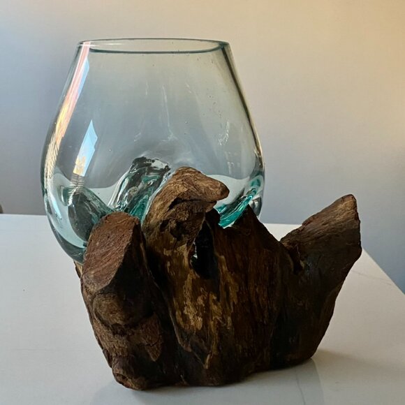 Handmade Art Glass Wood Vase Blown Molten Glass Bowl Teak Base Terrarium NEW - Picture 4 of 16